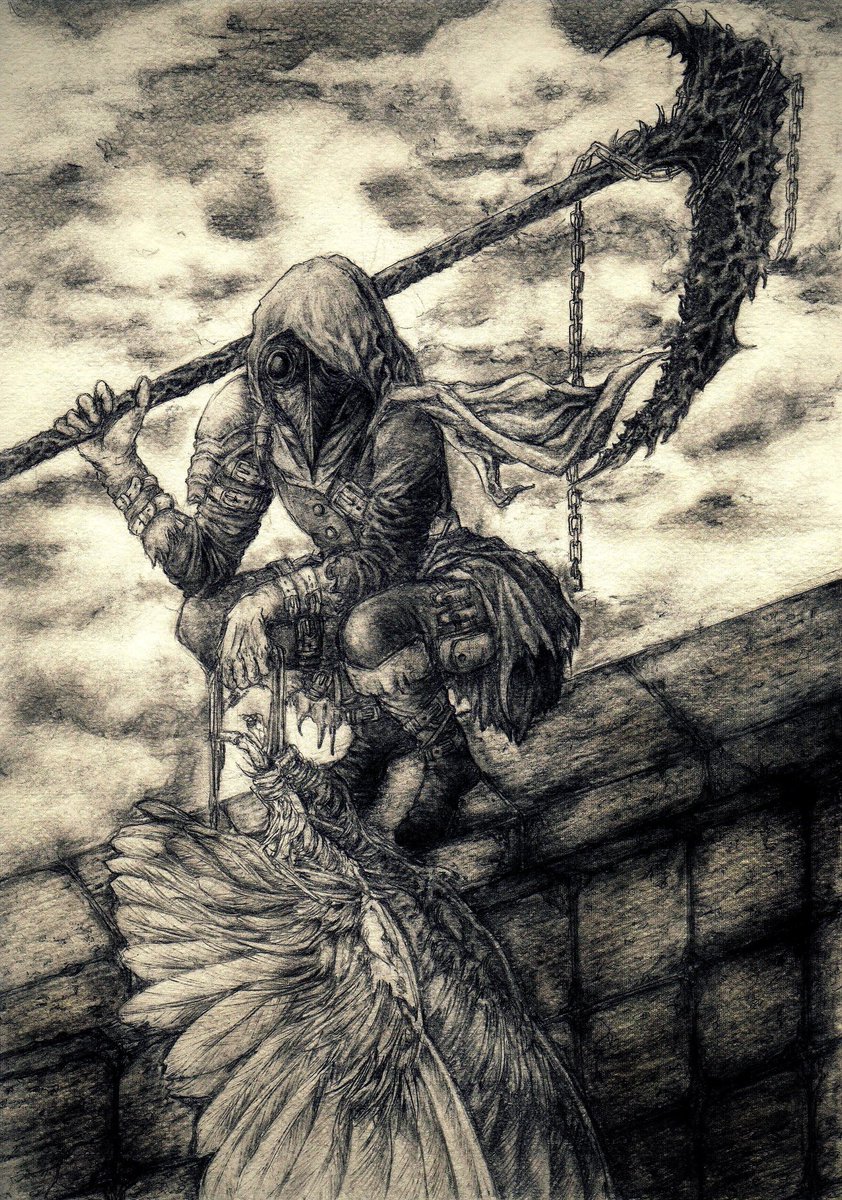 山本 伴 怖い絵を描きますよ 鎌 の部分とか 電柱とか細かく描きすぎて後から黒く潰したり 羽の部分なんか背景に溶けてしまったり 時間をかける意味がないのはよくなーい