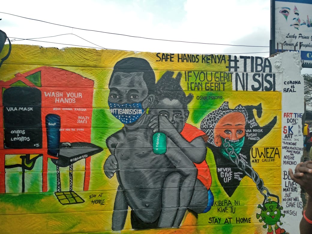 This engaging piece by Don from Kibera depicts how ' Young African children struggle to protect themselves from coronavirus with the limited resources available'. Thank you Don for this impressive piece! #TibaNiSisi #CoronaArt