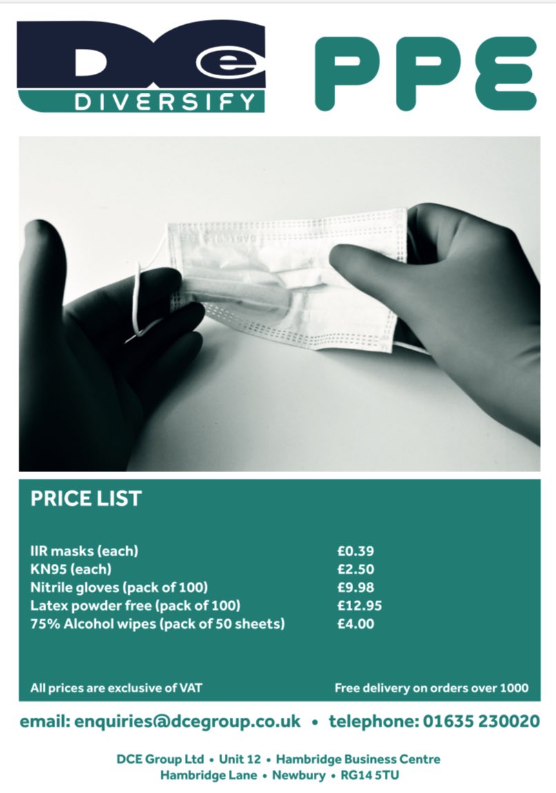 DCEGroupLimited's tweet photo. Here is our updated PPE price list! We have capacity to deliver large quantities of the below health products to maximise your safety.
Please send any enquiries you may have to enquiries@dcegroup.co.uk #PPE #healthandsafety https://t.co/TSxU2guvLu