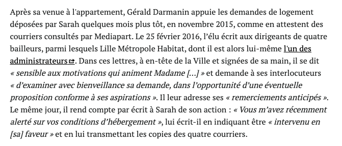 Dans le 2e cas: une habitante de Tourcoing cherchant un logement accusait  #Darmanin d'avoir profité de sa position pour obtenir des faveurs sexuelles. Il était intervenu par 8 lettres aux bailleurs sociaux, dont certaines après son entrée au gouvernement  https://www.mediapart.fr/journal/france/250218/affaire-darmanin-la-deuxieme-plaignante-livre-son-recit?onglet=full