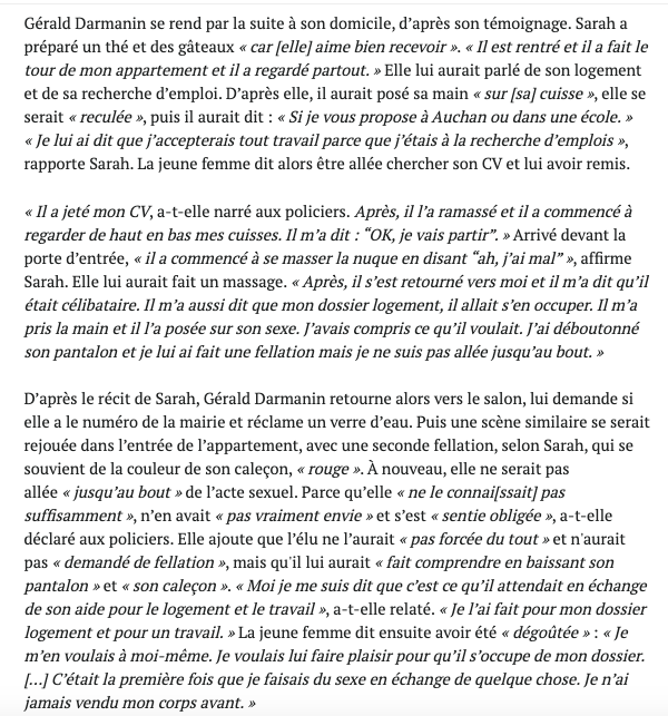 Cette habitante de Tourcoing avait affirmé aux policiers s'être sentie « obligée de le faire pour avoir un logement et un travail ». Voici une partie de son récit à  @mediapart  https://www.mediapart.fr/journal/france/250218/affaire-darmanin-la-deuxieme-plaignante-livre-son-recit?onglet=full