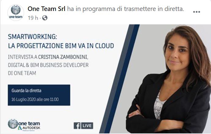 ra pochi minuti sarò in diretta con l'intervista a Cristina Zambonini di One Team sullo SmartWorking e la progettazione BIM!
facebook.com/Oneteamsrl/vid…