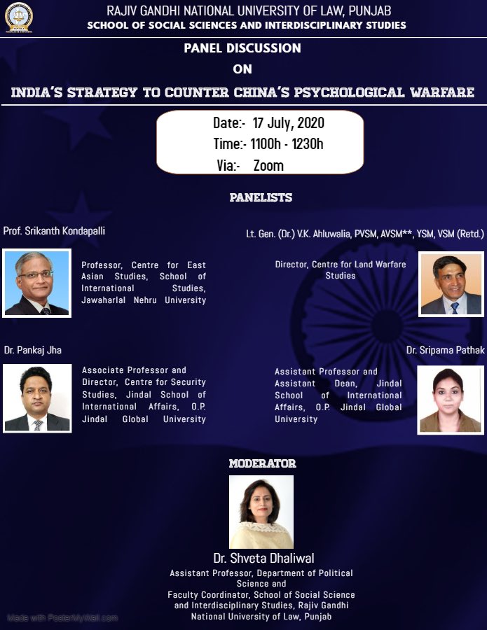 OfficialCLAWSIN's tweet photo. Dir @vk_gen will be speaking at @SSSIS_RGNUL webinar on INDIA’S STRATEGY TO COUNTER CHINA’S PSYCHOLOGICAL WARFARE on 17 July 11am -12:30 pm (IST)
#India #China #Psywar #bordertension #GalwanValleyFaceOff #newwars #Information #warfare https://t.co/9Nv2aL1fPY