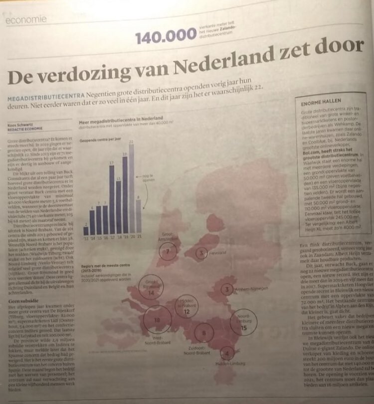 H_Vreugdenhil's tweet photo. Door de gunstige berekening van het wegverkeer (afkappen na 5 km) konden in Brabant toch nog 38 megadistributiecentra gerealiseerd worden. 😳

Maar die stikstof en ammoniak van het vrachtverkeer komt wel degelijk in onze natuur. Om dat te compenseren kopen we nu boererijen op 🤔 https://t.co/peAV1SSRLb