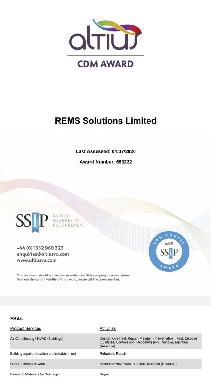 RemsSolutions's tweet photo. Great to receive these certificates in this morning's post! We have once again passed our Altius renewal with flying colours! 

Talk to us about your next project https://t.co/bRJE6eIPCA

#Safety #SSIP #Altius #SupplyChain https://t.co/BtRs0LSoiQ