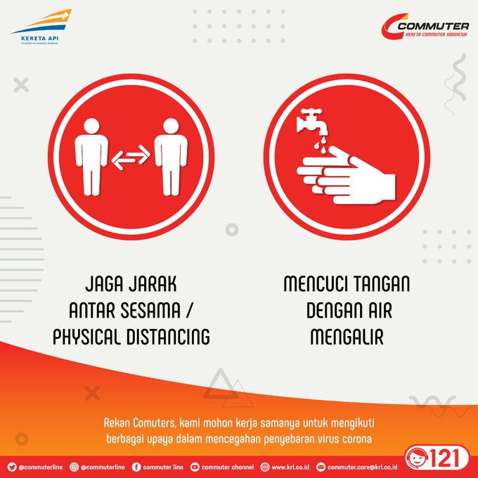 CommuterLine's tweet photo. #RekanCommuters Kami Imbau tetap melakukan Physical Distancing di area peron maupun di dalam KRL,
demi memutus rantai penyebaran Covid 19 &amp; sempatkan cuci tangan sebelum &amp; sesudah naik KRL.

#CovidSafeBUMN
#BUMNUntukIndonesia https://t.co/asZBnvRby4