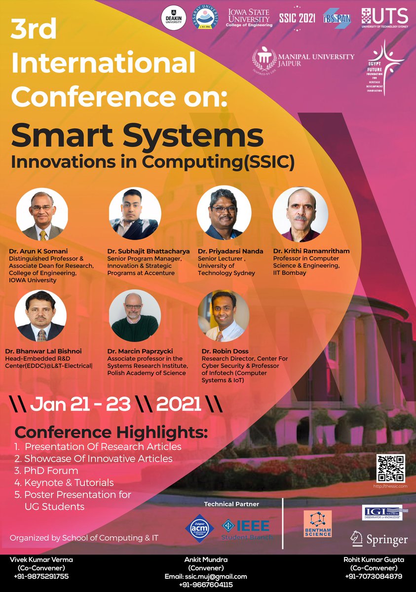 ssic_muj's tweet photo. Manipal University is hosting its 3rd International Conference of Smart System Innovation in Computing on 22&amp;23 January,2021.
The keynote speakers will share their experience in the field of Computing.
The last date to submit papers is 31 July.
For more:
https://t.co/F5q4Jp9TvA https://t.co/KxSFg2359a
