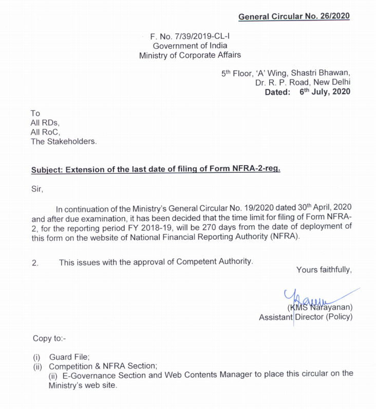 FCSJigarShah's tweet photo. General Circular no. 26 somehow I missed out. 

Extension of the Last date for filing of Form #NFRA2 Though form is not deployed yet so hardly it makes any difference as of now. https://t.co/mRnPKP2fDm