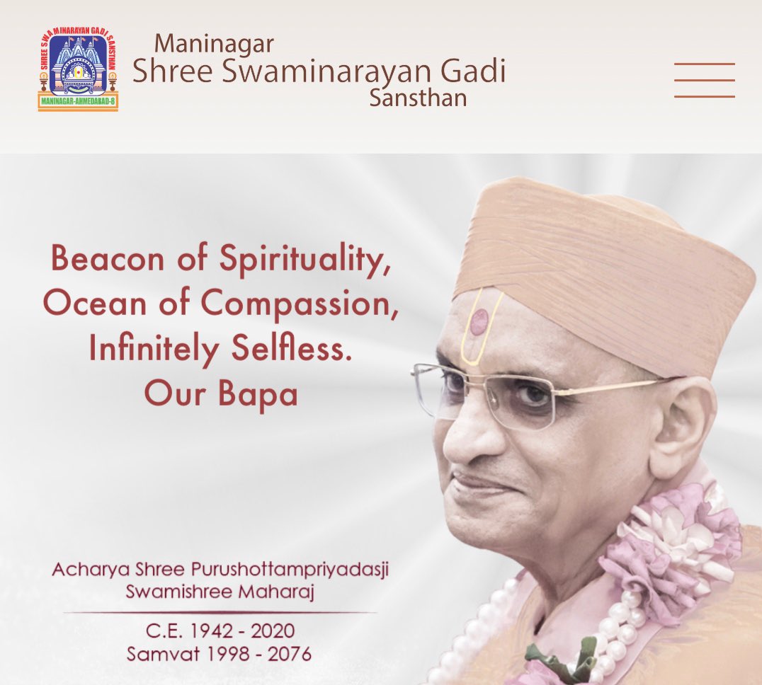 SGadiManinagar's tweet photo. Beacon of Spirituality, Ocean of Compassion, Infinitely Selfless. Our Bapa 🙏🏼#AcharyaSwamishreeMaharaj #SwaminarayanGadi #ManinagarMandir https://t.co/aPzfFwBkGv