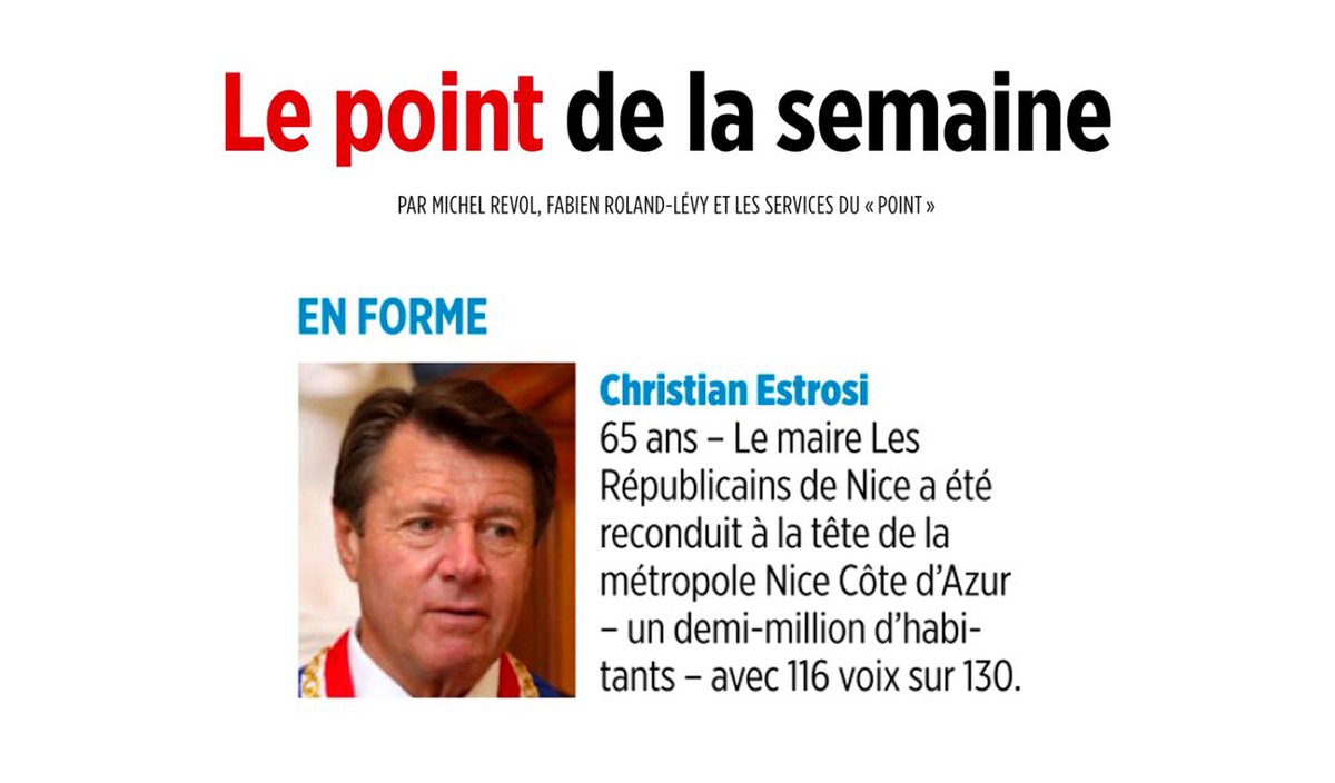 avec_estrosi's tweet photo. .@LePoint salue la confiance largement renouvelée à @cestrosi par les Maires et élus de la @MetropoleNCA au début de ce nouveau mandat ! C’est parti pour 6 ans au service des Niçois et des Métropolitains 👊🏻 https://t.co/OGOShvVNkN