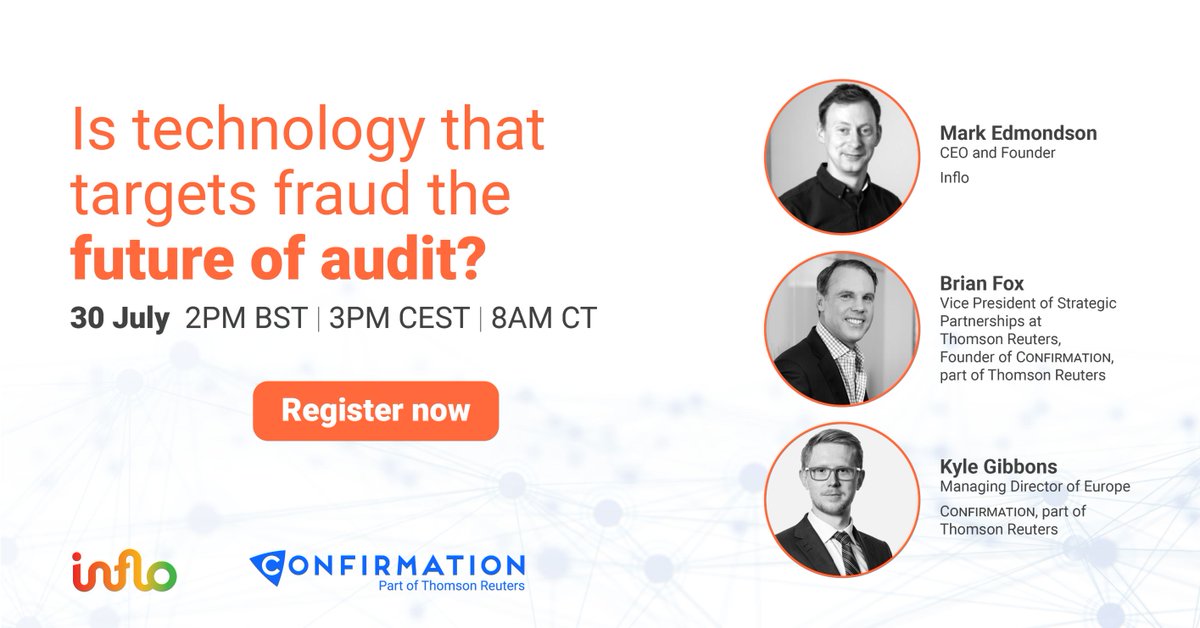 CConfirmation's tweet image. What does the future of audit look like? Join our live webinar as we explore alongside @inflosoftware how technology and data can be used to target fraud: okt.to/tfRovz #futureofaudit #audittechnology #fraud