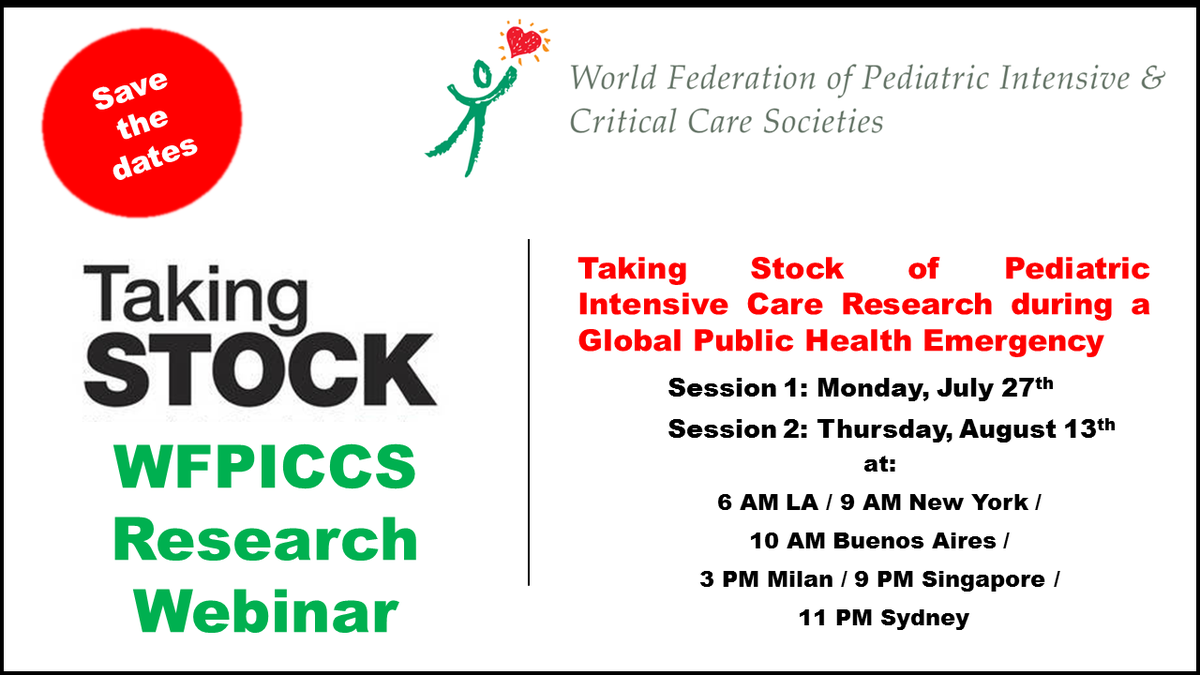 WFPICCS's tweet photo. Save the dates for our "taking stock" #PedsICU #research webinars! The 2 sessions will be hosted by #WFPICCS20 Research Consortia Chairs @LRSorce @ICheifetz
& @sgdambrauskas We also have a line up of exciting speakers. See for yourself here: https://t.co/pgTaM9qK7H https://t.co/zceIrBwBCI