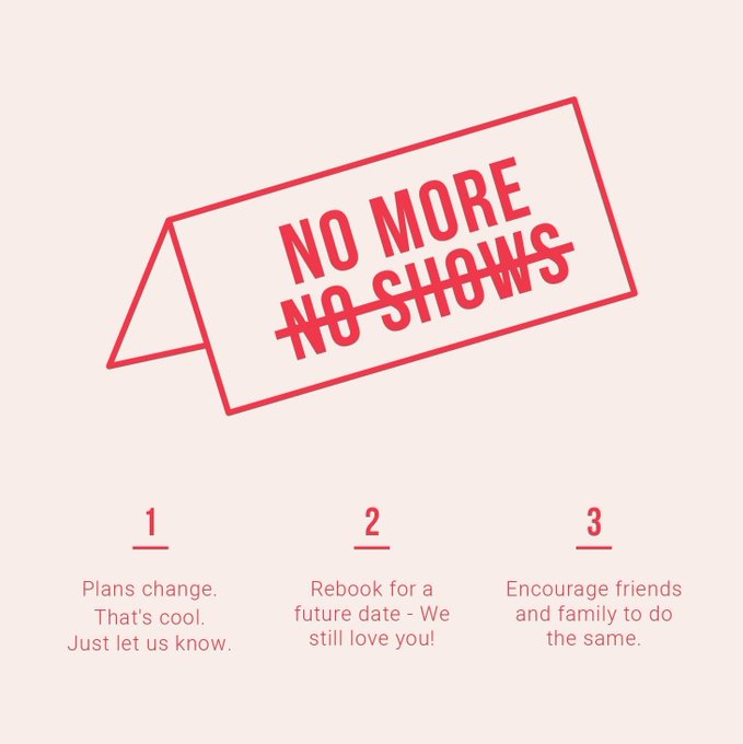 HOSPITALITY NEEDS YOUR HELP!

EVERY CUSTOMER unable to make their booking MUST let the restaurant know.

Please share this post and do your bit to support #nomorenoshows.