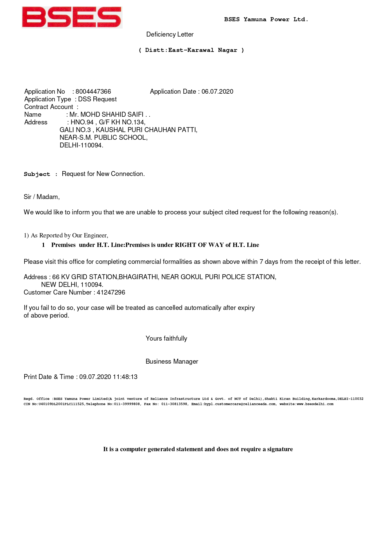 BSES Delhi on Twitter "MOHDShahidSai20 Dear consumer, please find the attached rejection