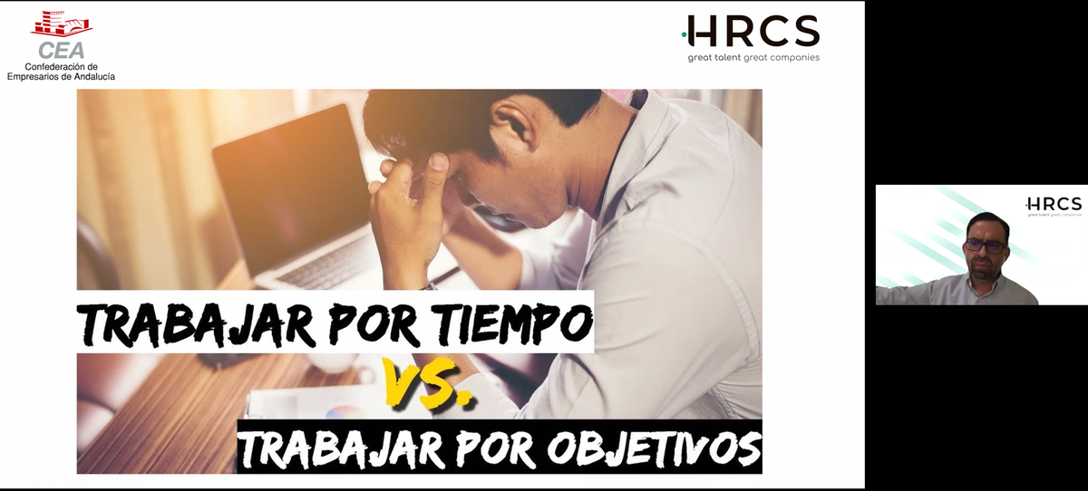 CEAes_'s tweet photo. 'Vamos a dejar de trabajar por tiempo a trabajar por objetivos'🗣️@miguelromerom #MasEmpresas #NetworkingVirtualCES #NetworkingSevilla @CES_Sevilla @EconomiaAnd #NetworkingCES @HRCS_Group https://t.co/iAN3wMUQUt