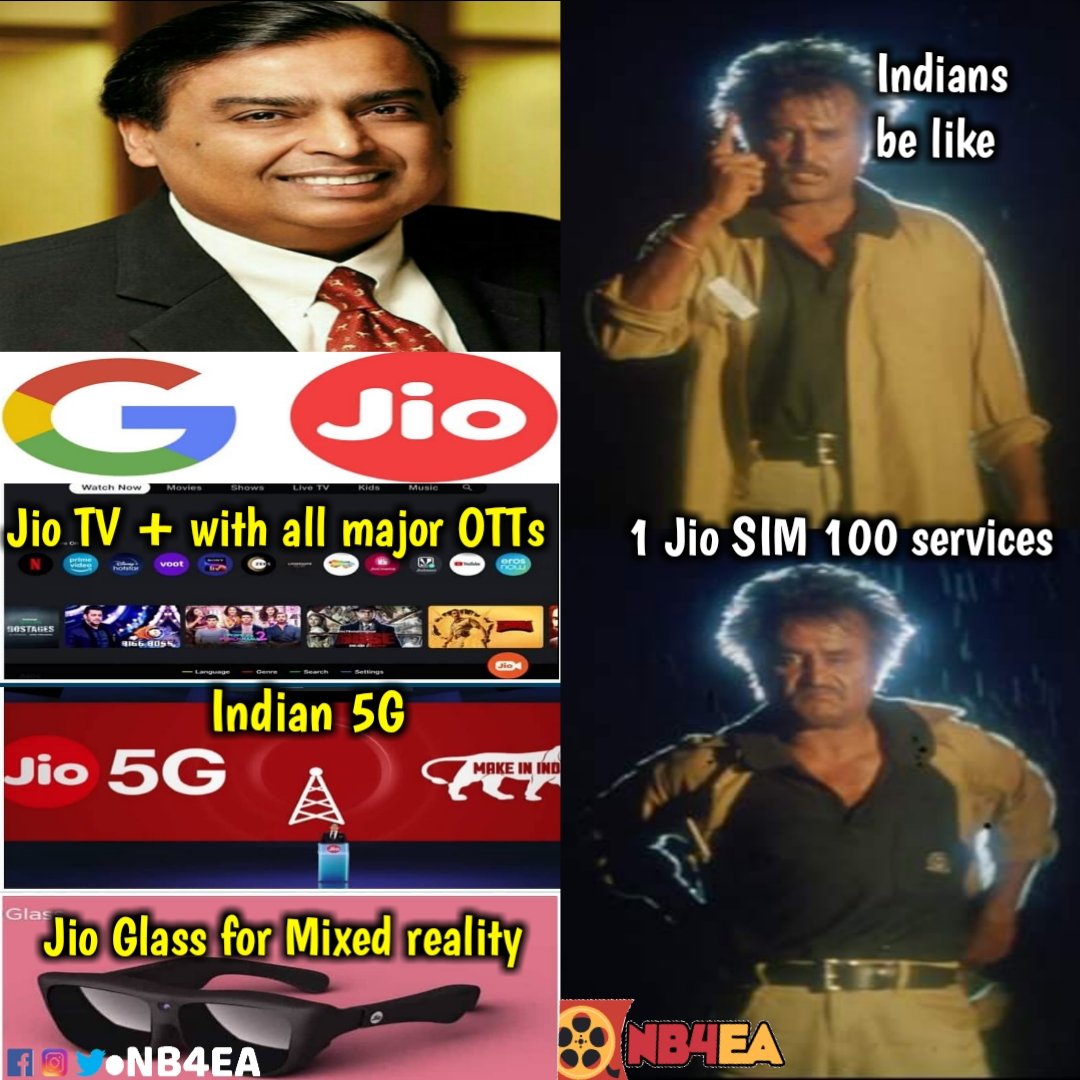 Nb4Ea's tweet photo. #JioSim 💪 #JioTVPlus #Jio5G #JioGlass 😱 @reliancejio @GoogleIndia @rajinikanth
#Reliance #MukeshAmbani #Baashha  #MakeinIndia #Mixedreality #OTT #superstar #Kollywood #Rajinikanth #googlejio #Thalaivar #Basha #tollywood #Bollywood  #Tamilmemes #Indians #Nb4ea 👍follow @Nb4Ea https://t.co/7NXTmoetBz