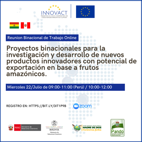 Innovact_eu's tweet photo. 🇵🇪🇧🇴Eventos de cierre de la frontera Perú-Bolivia: Webinars de socialización del Plan de Acción binacional para el desarrollo de la cadena de valor de frutos amazónicos, los 21-24 de julio del 2020. Para mas información, visitar la plataforma 👉https://t.co/QhMyiwP5Ig https://t.co/W32ghCNqzA