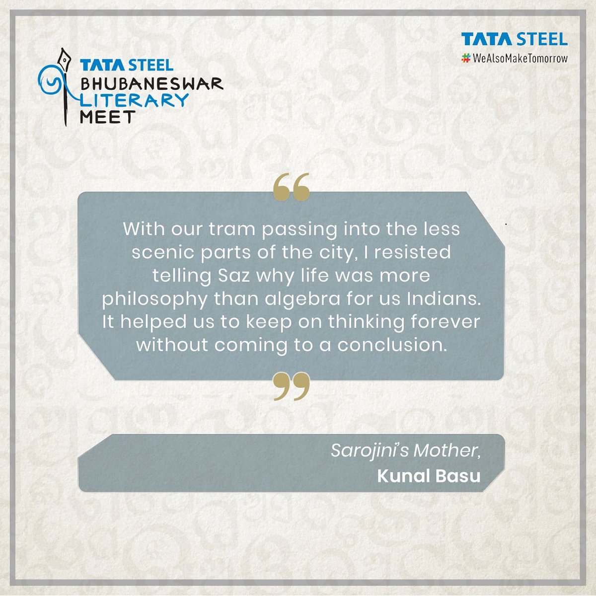 TataSteelBLM's tweet photo. Is life more algebra or philosophy for you?
#TataSteelBLM #ItsGotToBeLit #WeAlsoMakeTomorrow #KunalBasu #Books #Bookworms #BookQuotes #Bookstagram @TataSteelLtd @kunalbasu100 https://t.co/U0VuCXpnNI
