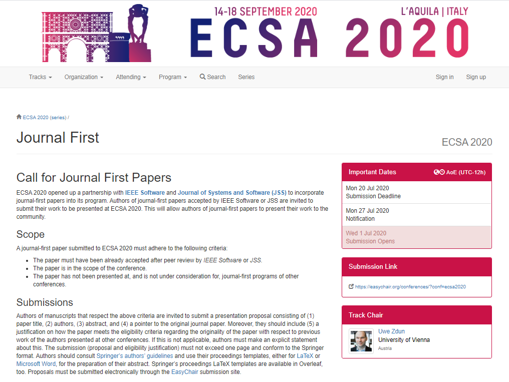 We are delighted to announce that, in the context of J1C2, #ECSA20 will be hosting a Journal First track with <a href="/JSSoftware/">Journal of Systems and Software</a>!
Submission deadline: July 20, 2020
More info on ecsa2020.disim.univaq.it/track/ecsa-202…

<a href="/uwe_zdun/">Uwe Zdun</a> <a href="/FranchXavier/">Xavier Franch</a>
