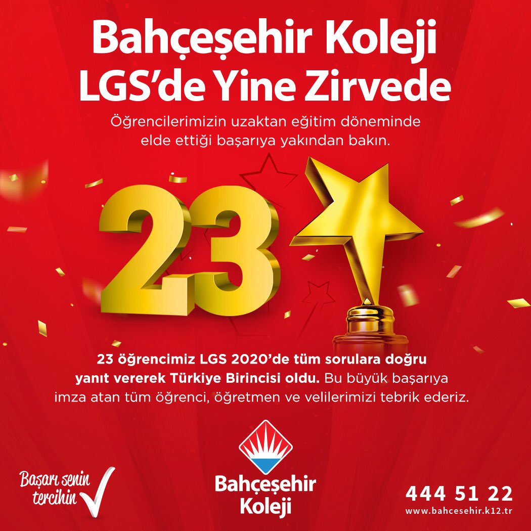 #lgs2020 ‘de Türkiye geneli tüm sorulara doğru yanıt veren 181 öğrencinin 23 ‘ü Bahçeşehir Kolejinden!

#23TürkiyeBirincisi
#bahçeşehirkoleji 
#lgs2020