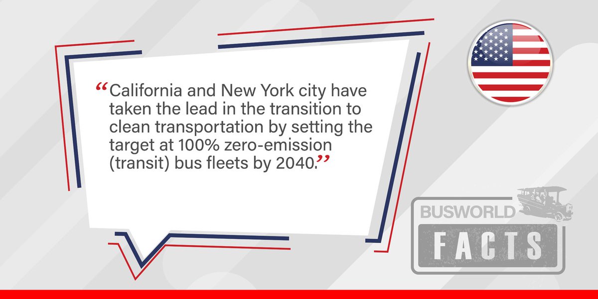 busworld's tweet photo. California and New York City have taken the lead in the transition to clean transportation by setting the target at 100% zero-emission (transit) bus fleets by 2040.

#BusworldFacts #BusworldInternational #BusworldNorthAmerica2021 https://t.co/VUzzcGgZSX