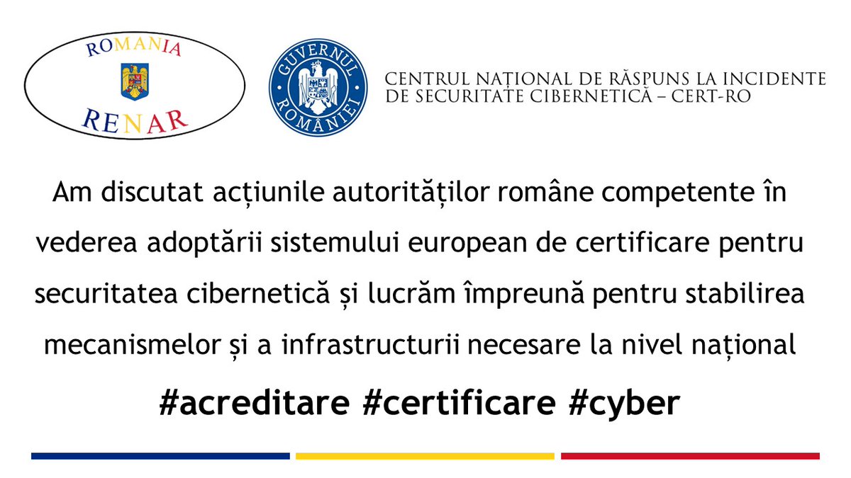 DNSC_RO's tweet photo. CyberSecurity Act prevede certificarea securității cibernetice pentru tehnologia informației și comunicațiilor. Autoritățile de #acreditare #certificare și #conformitate vor avea un rol cheie în acest proces.
#cyber #RENAR #CERT https://t.co/SaB05sW1cg