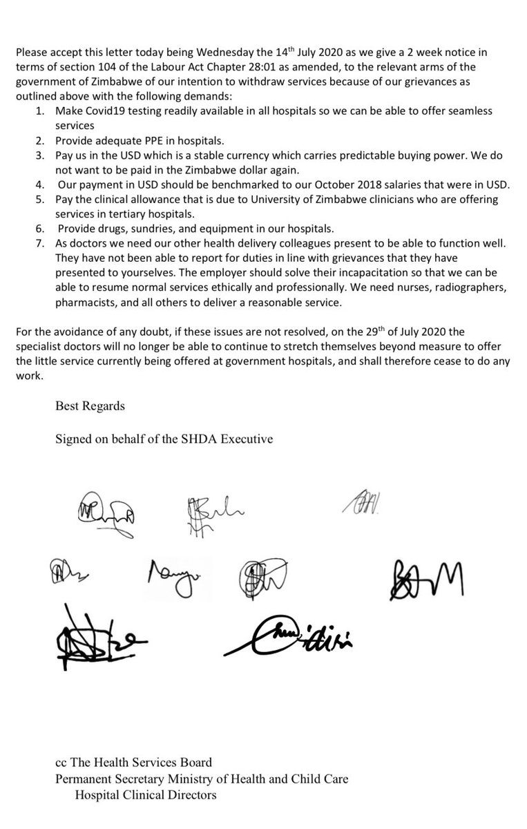 daddyhope's tweet photo. “Please accept this letter today being the 14th July 2020 as we give a 2 week notice in terms of section 104 of the Labour Act Chapter 28:01, to the relevant arms of the government of Zimbabwe of our intention to withdraw services because of our grievances,” writes @SeniorDoctors https://t.co/sOb0pDZ4WO