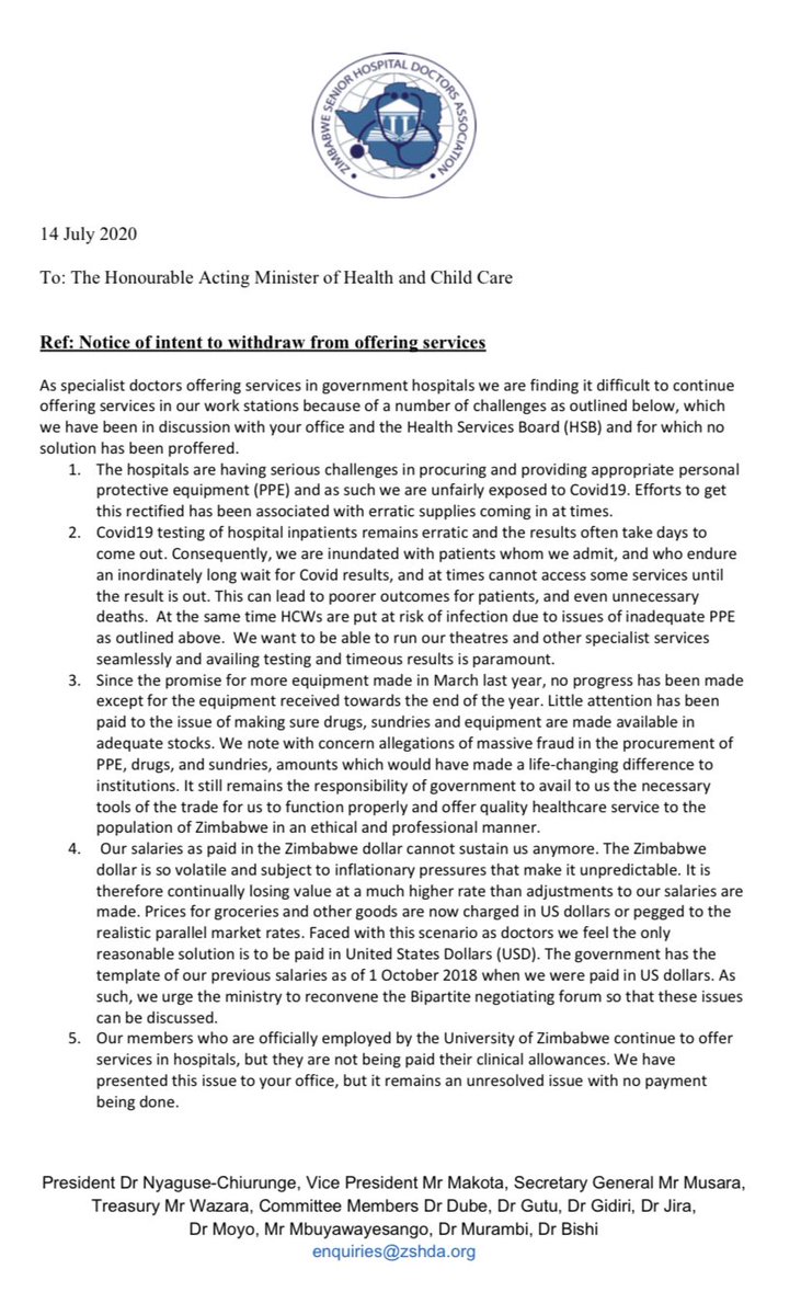 daddyhope's tweet photo. “Please accept this letter today being the 14th July 2020 as we give a 2 week notice in terms of section 104 of the Labour Act Chapter 28:01, to the relevant arms of the government of Zimbabwe of our intention to withdraw services because of our grievances,” writes @SeniorDoctors https://t.co/sOb0pDZ4WO