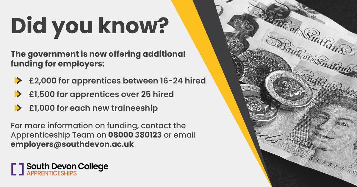 JamesLockeSDC's tweet photo. Calling all Employers! 🙌There are some fantastic opportunities for you following on from the governments announcement.  Take on a 16-18 year old apprentice and get an additional £1,000 so that's £3,000!! Talk to us today. employers@southdevon.ac.uk 
#Apprenticeships #Careers https://t.co/7iHaZ2vEgc