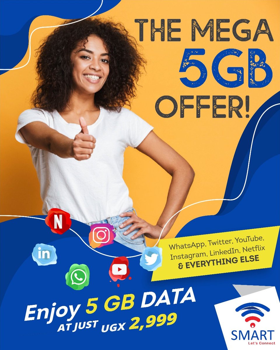 uganda_smart's tweet photo. Enjoy a BIG data bundle at the most AFFORDABLE rates in Uganda. 🇺🇬SMART is offering you 5 GB data in just UGX 2,999! 👌📲⠀
⠀
▪Simply dial *100*5*1*1# to subscribe 📱⠀
.⠀
.⠀
.⠀
#SMART #LetsConnect #Kampala #Uganda #3G #data #DataBundle #MobileData #tellafriendtotellafriend https://t.co/q3sOh0x5Fm