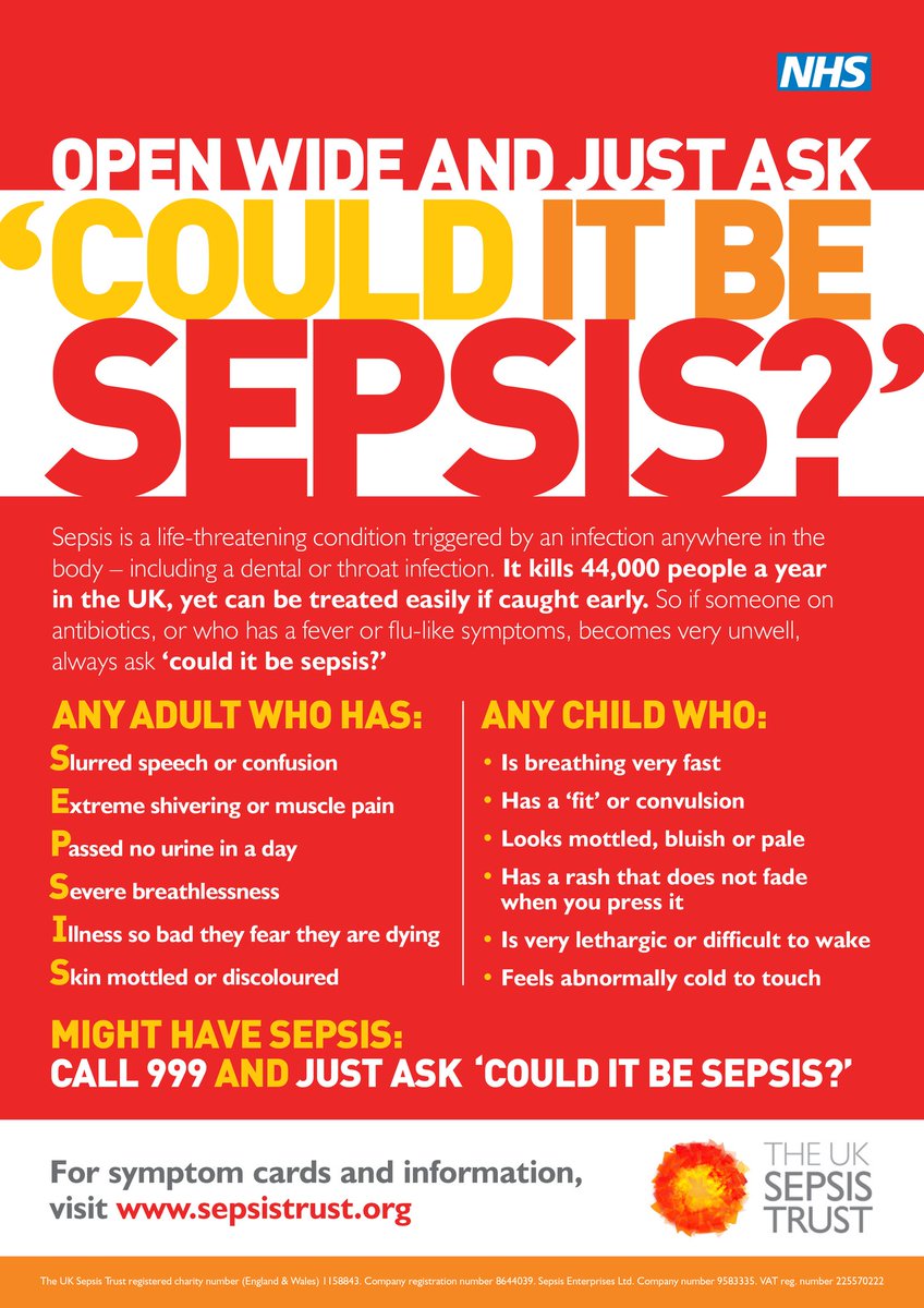At least 48,000 people in the UK die with sepsis each year.  Of ALL ages, backgrounds and levels of fitness.That's 5 people dying with sepsis every hour.40% of survivors are left with permanent, life-changing after-effects. (9/9) #sepsisawareness  @MTWnhs  @SepsisUK