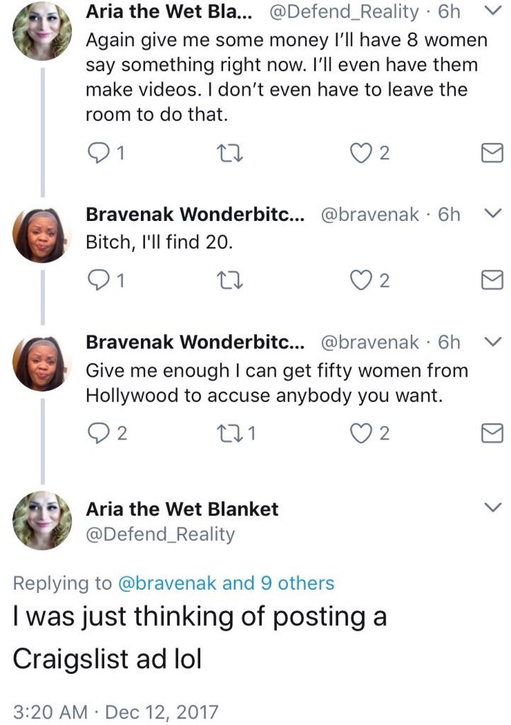 At issue were tweets she posted about finding women to make a fake sexual assault allegation. Bianca maintains that those were in reference to Al Franken and that the plot was someone else's separate thread. She says her tweets were photoshopped in (see below)./2