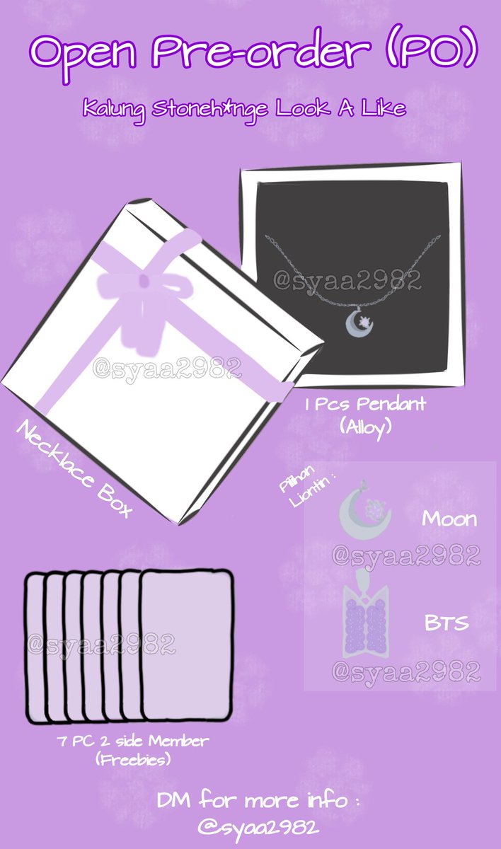 syaa2982's tweet photo. 💜💜 HELP RT 💜💜

Open Pre-Order
Kalung BTS x Stoneh*nge look a like!

Ada 7 Charm :
~ Moon Charm : RM, JIN, SUGA, JHOPE, JIMIN, V, JUNGKOOK

Package terdiri :
~ Box
~ Kalung
~ 7 Pc 2-side member (freebies)

*gambar ilustrasi dibawah 👇🏻 https://t.co/Vhj7vmgzGO