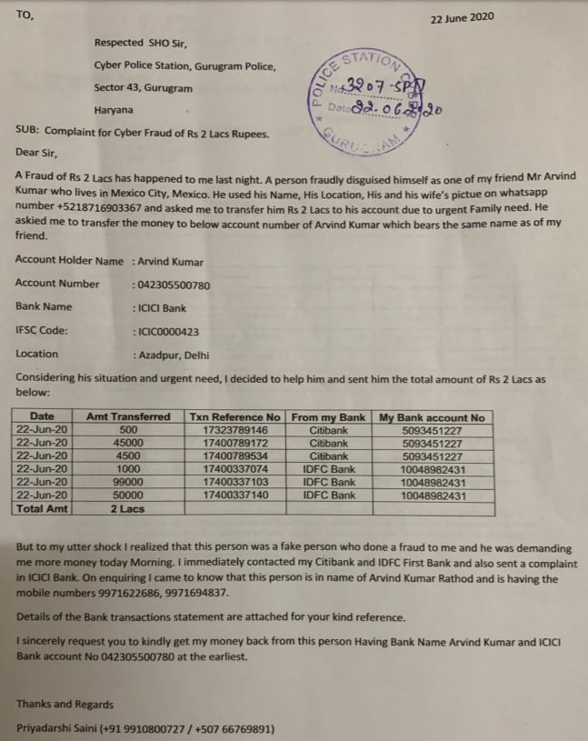 i_Priyadarshi's tweet photo. Sir, pls help I lost my hard earned 2 Lacs INR in Cyber Fraud. Cyber Cell Complaint 3207-SP11 on 22June2020. All details provided to Police &amp; NO FIR Filed, lacking proper action. @gurgaonpolice @police_haryana @DC_Gurugram @AmitKhatriIAS @nsvirk @anilvijminister my no 9910800727 https://t.co/EUkRjFMU8Z