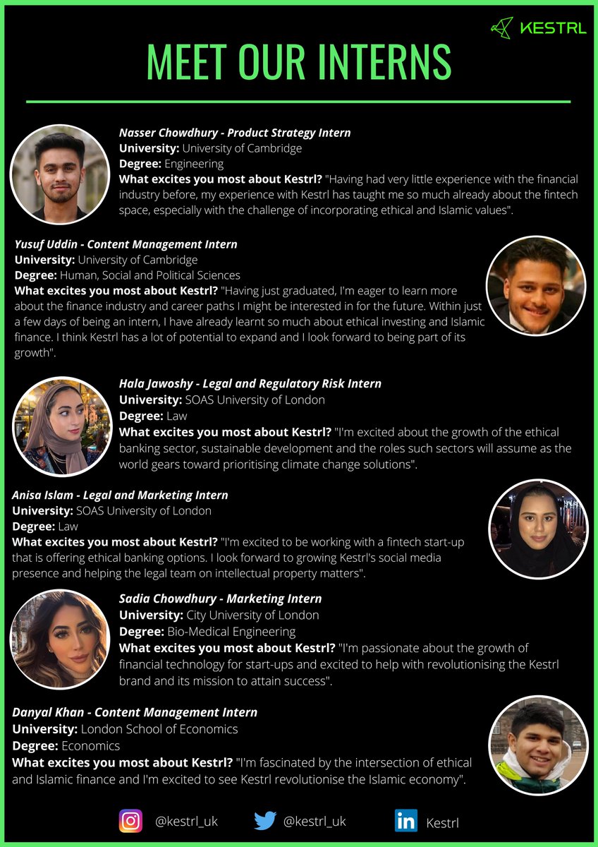 KestrlApp's tweet photo. Meet our #interns! We're very pleased to introduce you to our amazing team of interns who've helped us in everything from #productstrategy and #Contentmarketing to #legalandcompliance these past few weeks.

Find out more about their backgrounds and motivations below

Thank you! https://t.co/V11fG8ZvCb