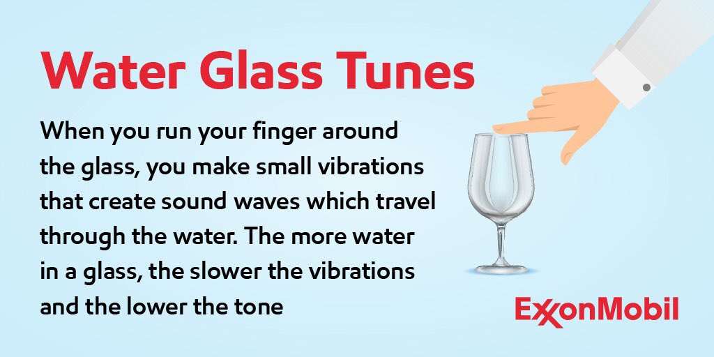 exxonmobil_qa's tweet photo. When you run your finger around the glass, you make small vibrations that create sound waves which travel through the water. The more water in a glass, the slower the vibrations and the lower the tone. #STEMhome #STEMisEZ #education #qatar https://t.co/gy4HUkzQRO