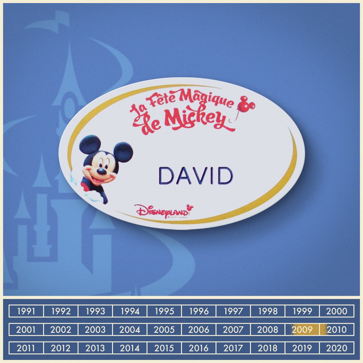The first of these theme years was “Mickey’s Magical Party,” with special entertainment offerings dedicated to the character’s 80th birthday. Shortly after these nametags were introduced, the resort name reverted to the simpler “Disneyland Paris.”