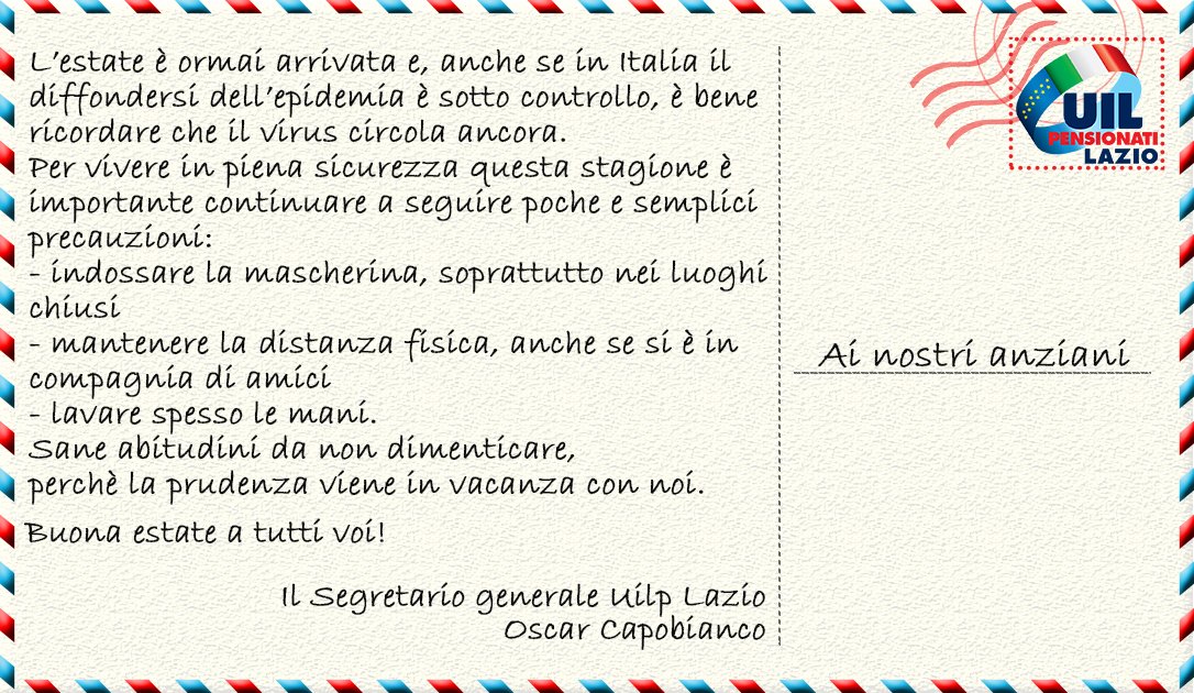 Meri_Greis's tweet photo. Le buone abitudini vengono in vacanza con noi! Il messaggio del Segretario generale Uilp Lazio ai nostri anziani, per un'estate in sicurezza. #anziani #covid #estate2020 #uilpensionatilazio #sindacato #uilp #uil https://t.co/zD7iJAyH4O