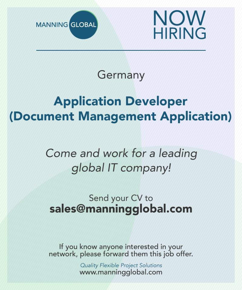 ManningGlobal's tweet photo. New IT role in Germany! ๐ฉ๐ช Our client, a leading global ICT company, is recruiting for an APPLICATION DEVELOPER (Document Management Application). Send your CV to sales@manningglobal.com
#Captiva #comfax #vipcom #FTP #SFTP #Soap #Corba, #Rest #Tuxedo #Developer #Java #Coding https://t.co/hBx3xF2fJC
