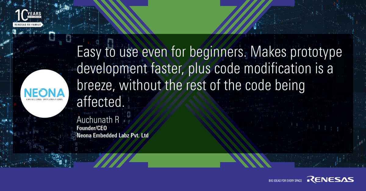 RenesasGlobal's tweet photo. We’re sharing some of our customers’ experiences and we’d also love to hear about your designs using any of the #Renesas 32-bit RX MCUs - https://t.co/ZE7CcEiBuK
#RX10THYEAR #RXWirelessConnectivity https://t.co/UovJDYNCid