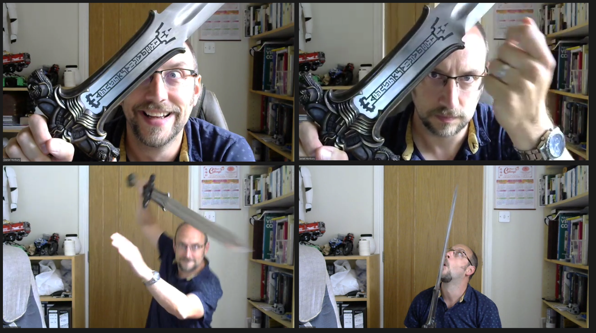 MadFellowsGames's tweet photo. Dan finally got the sword he's been wanting since about 1982... so it wasn't the *most* productive Zoom call this morning. (It's The Atlantean Sword from Conan the Barbarian, in case you're wondering.) #workingfromhome #productivity #massivebloodysword #littlebitscared https://t.co/WMYATAIhOl
