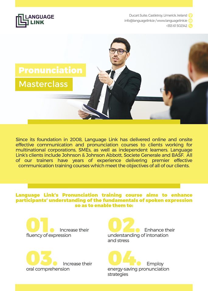 TheLinkLimerick's tweet photo. Improve your skills with our 'Pronunciation Masterclass' course. All our courses can also be taken online as individual training courses or group workshops / webinars.
For more details - https://t.co/oRXtIVbKU0

or contact: info@languagelink.ie https://t.co/8MXcG0MfSD