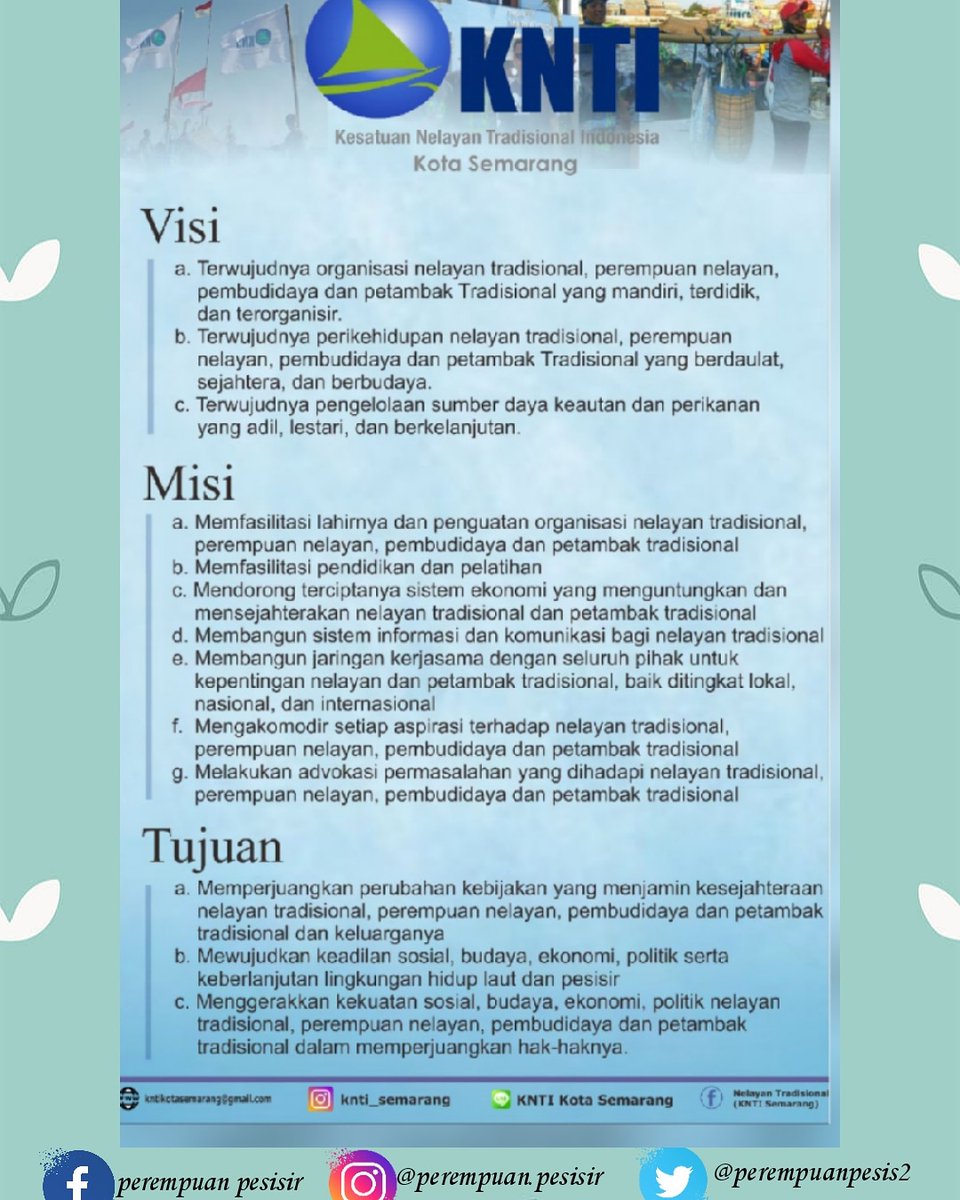 Yuk kita baca dulu VISI, MISI dan TUJUAN KNTI, supaya kita tambah mantab ilmunya. Diharapkan masyarakat tahu dan paham bahwa KNTI hadir memperjuangkan hak-hak nelayan, penyampai aspirasi nelayan dalam rangka untuk menyejahterakan nelayan.
#dppknti #kntikotasemarang #perempuan