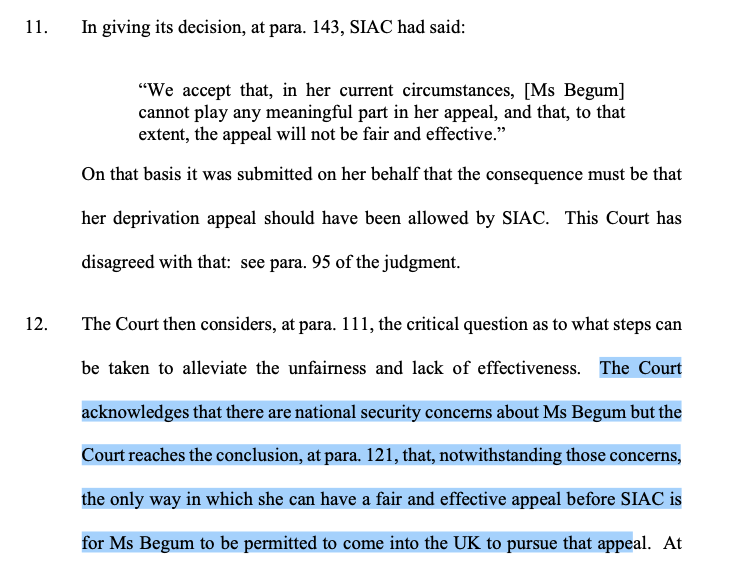 Shamima Begum has won her appeal against Home Office's refusal to allow her to travel to UK to appeal deprivation of citizenship. She can now (subject to any further appeal) travel to UK for appeal:Summary (quoted below):  https://www.judiciary.uk/wp-content/uploads/2020/07/Begum-press-summary-Final-1.pdfJudgment  https://www.judiciary.uk/wp-content/uploads/2020/07/WP-Begum-Judgment-NCN.pdf