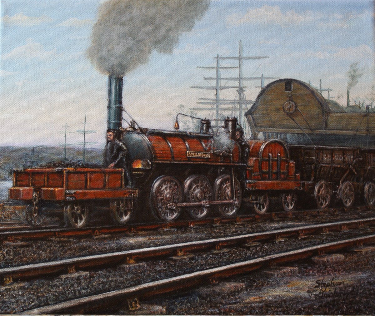 steve60017's tweet photo. #paintingoftheday #Bainbridgeart 'The Royal George'. #Hackworth's #locomotive 'Royal George' at #Stockton on the Stockton and Darlington Railway. @fsdr1825 @Jayne_6201 @JoannaMCrompton @stuartttrains @HeadofSteamMus @davidmorgan100 @mark_allatt @SilverSnowTG @paulgalyer @ImagesOn https://t.co/ukcrR7UIUR