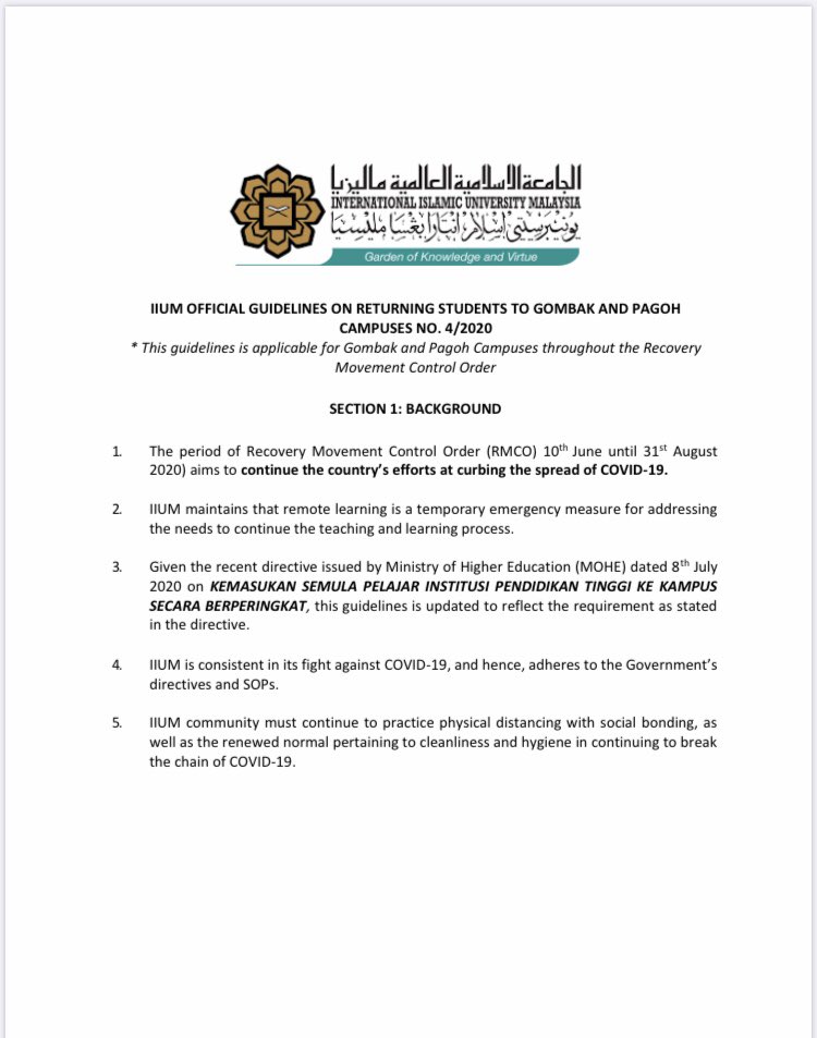 Iium Student Union On Twitter Iium Official Guidelines On Returning Students To Gombak And Pagoh Campuses No 4 2020 This Guidelines Is Applicable For Gombak And Pagoh Campuses Throughout The Recovery Movement Control