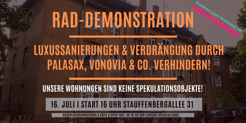 RaS_dd's tweet photo. Heute ab 16 Uhr Stauffenbergallee 31 // Start der Fahrraddemo "Unsere Wohnungen sind keine Spekulationsobjekte"
Wir werden später live berichten & euch auf dem Laufenden halten.
#Vergesellschaftung #MilieuschutzJETZT #Mietendeckel #ZwangsräumunenStoppen!
#AlleBleiben
#dd1607 https://t.co/bdDZwBQ4tl