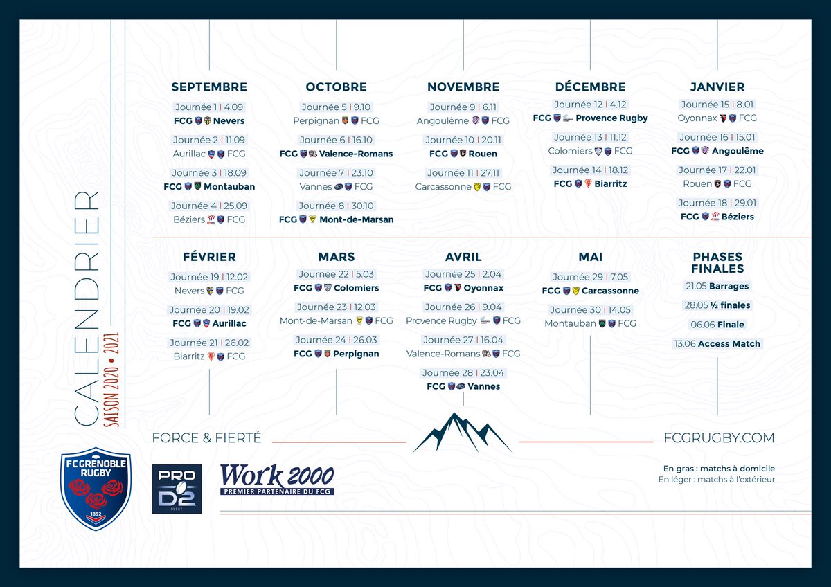 FCGrugby's tweet photo. 📅 Decouvez le calendrier de la saison 2020-2021 !

🏠 Premier match à domicile lors de la première journée face à Nevers
🚌 Dernier match de la saison régulière à Montauban

#AllezFCG https://t.co/wFMPN7DAa7