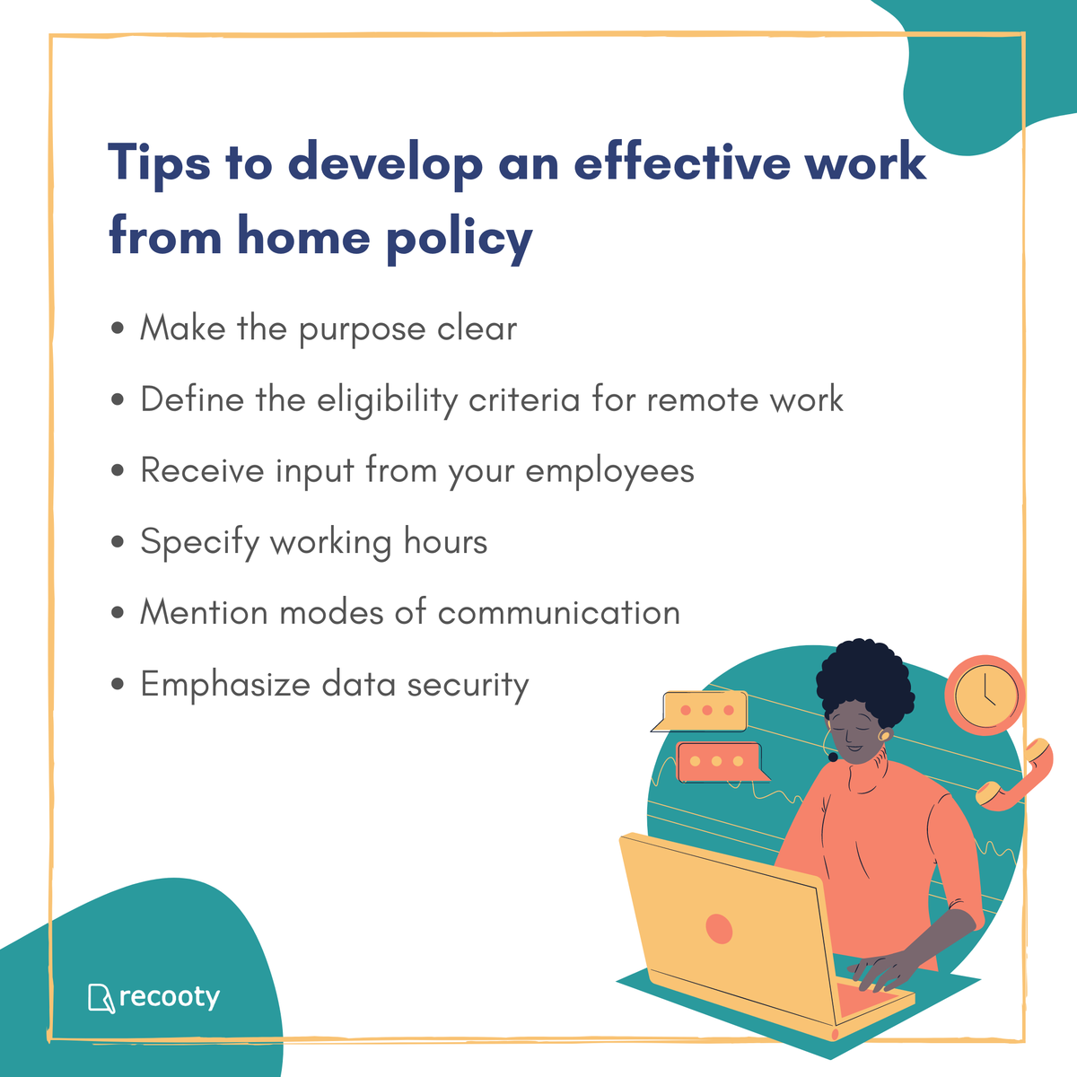 recooty's tweet photo. Here are some useful tips to develop an effective work from home policy.
#hrtips #employees #rempotework #hr #humanresource #talentacquisition #hrtrends #recruitingtrends #hrtech #hrtools #hrpolicies #managementtips #companies https://t.co/kUzvyStnnz