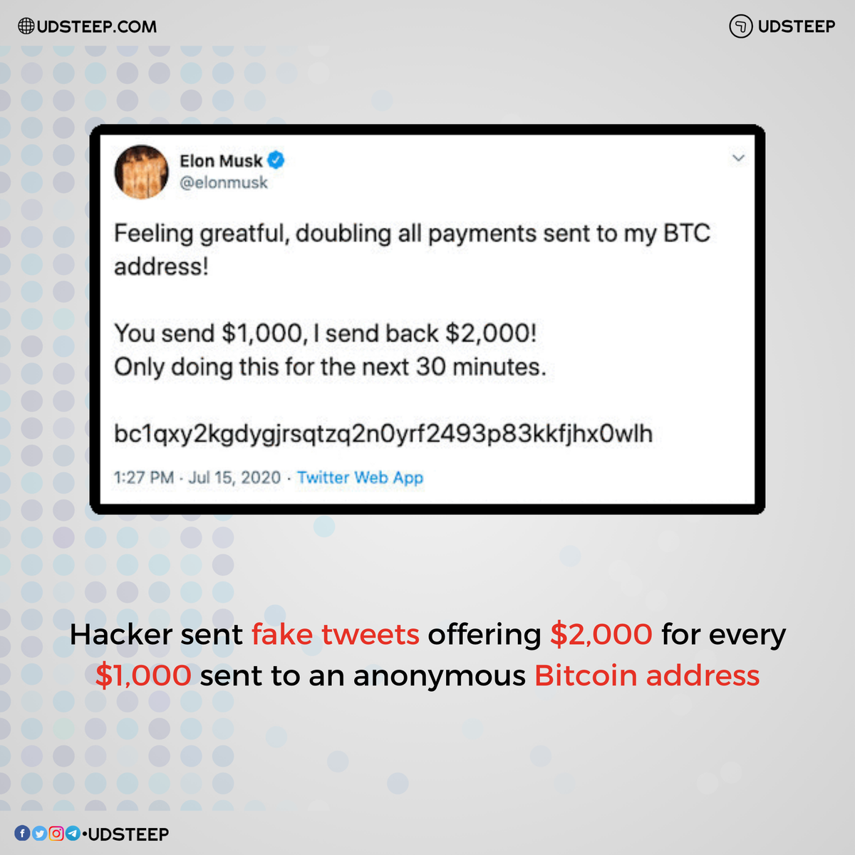 udsteep's tweet photo. Major US Twitter accounts hacked in Bitcoin scam!

#Twitter #Bitcoin #Scam #Hacked #Hacking #BitcoinScam #TwitterHacked #Hacking #Cyber #CyberSecurity #ElonMusk #BillGates #BlockChain #CryptoCurrency #Currency #US #UnitedStates #BarackObama #Binance #Uber #JeffBezos #UDSTEEP https://t.co/H9kec6usus